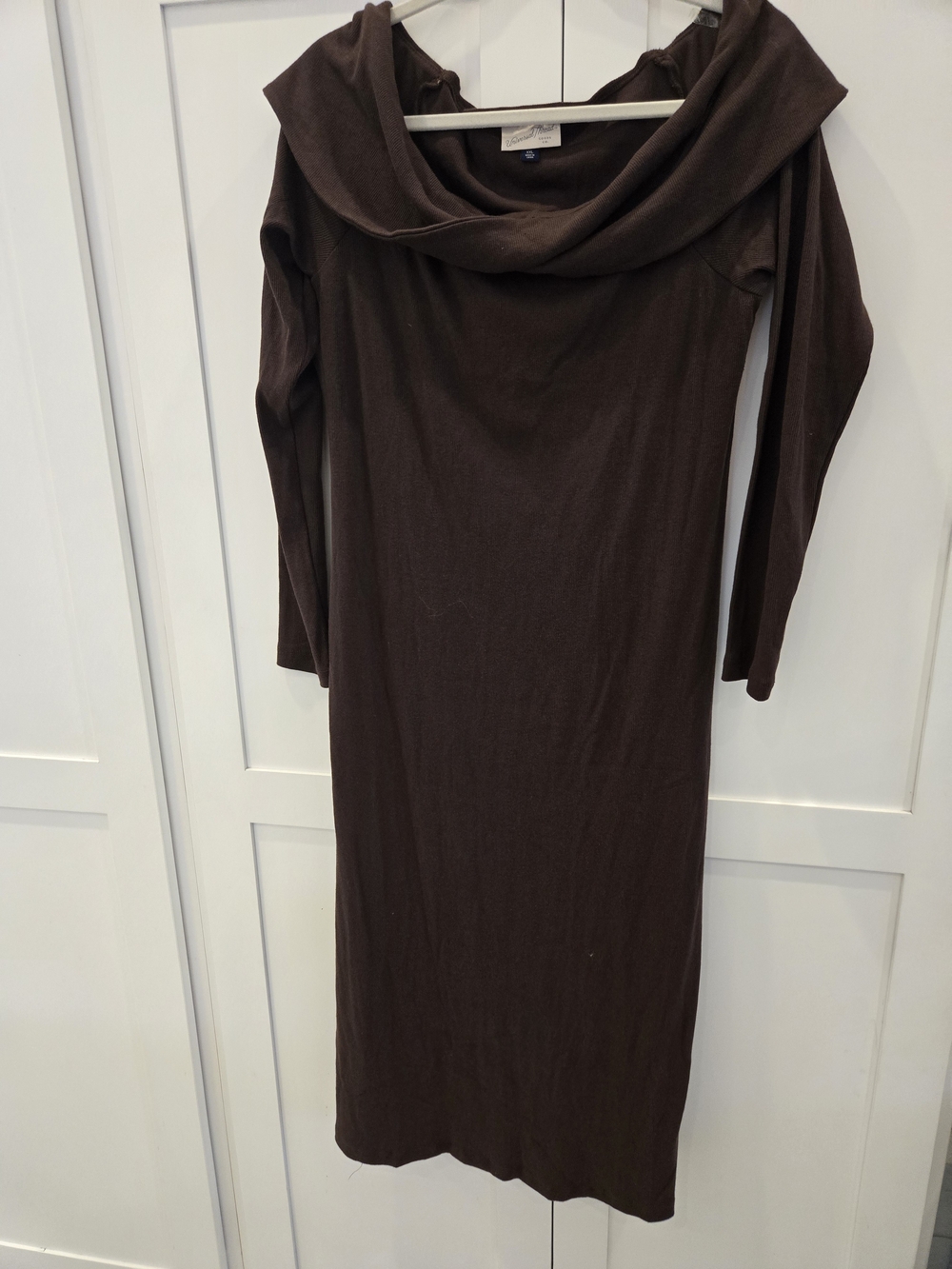 Universal Thread Brown Off-Shoulder Cowl Neck, Long Sleeve Knit Midi Dress